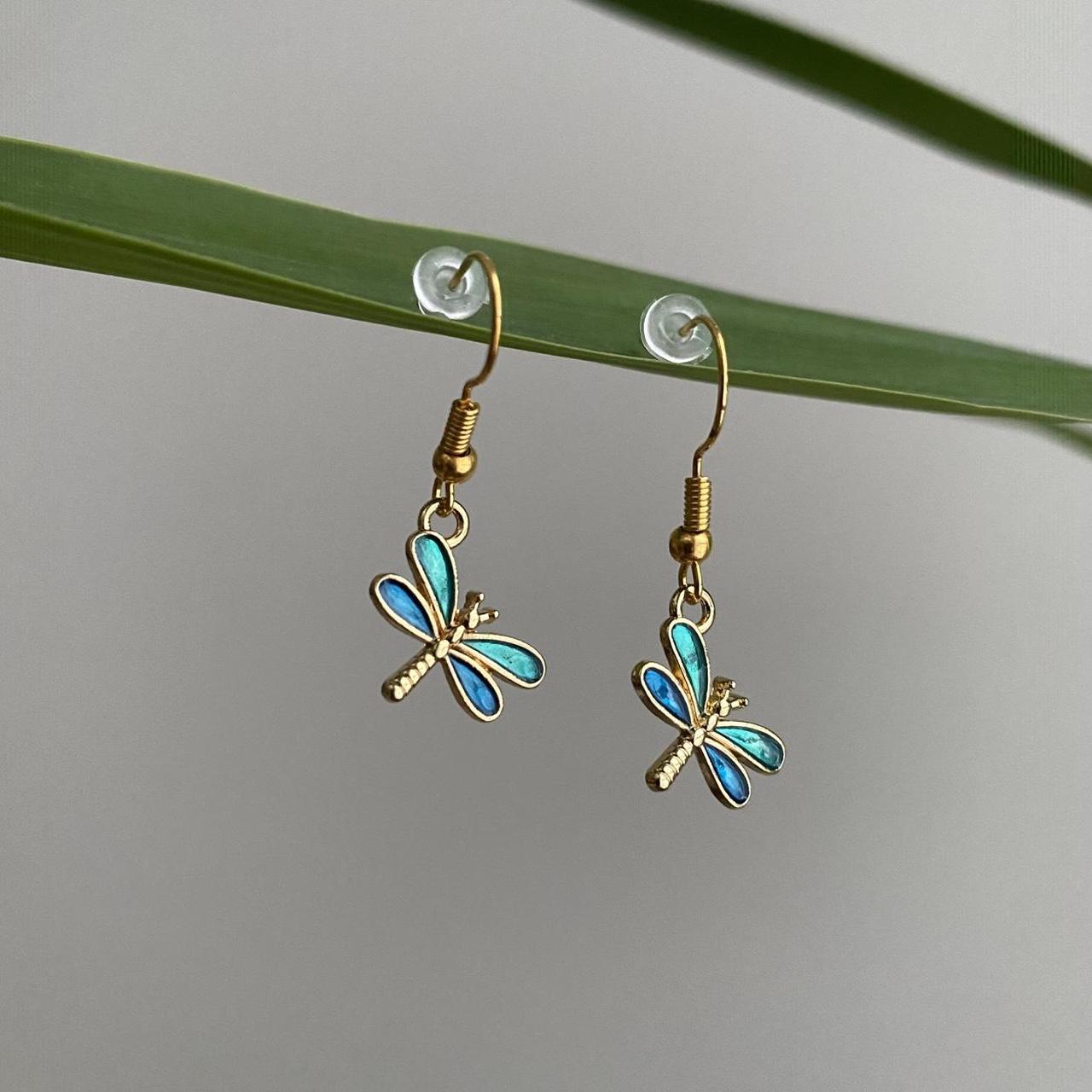 Blue And Green Dragon Fly Dangle Earrings With Gold - Image 4