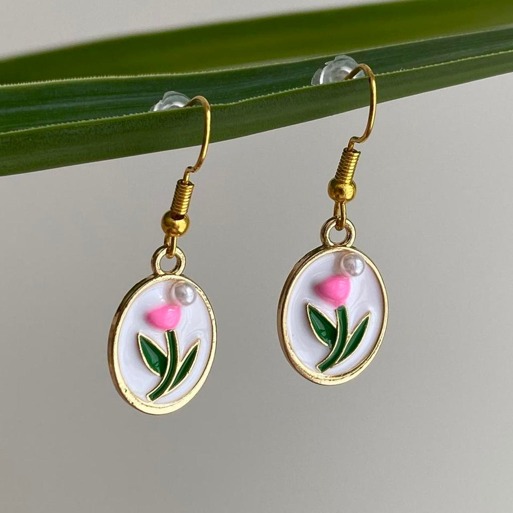 Pink Tulip In Oval Dangle Earrings With Pearl And