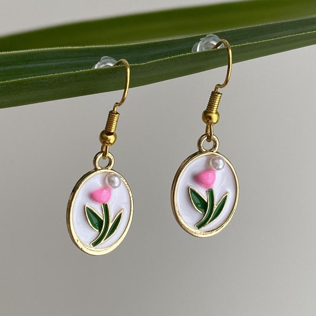 Pink Tulip In Oval Dangle Earrings With Pearl And