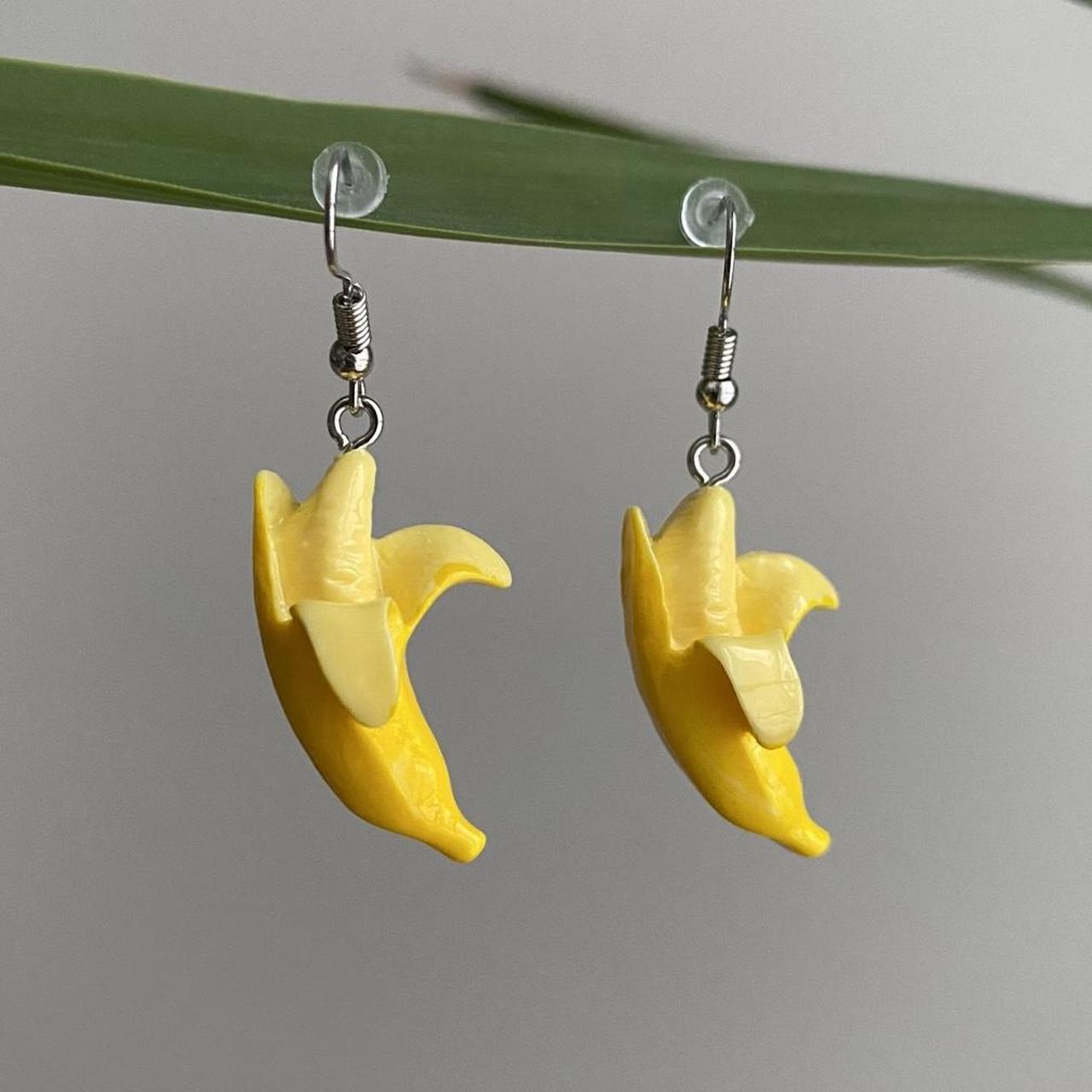 Yellow Banana Dangle Stud Earrings Silver Accents