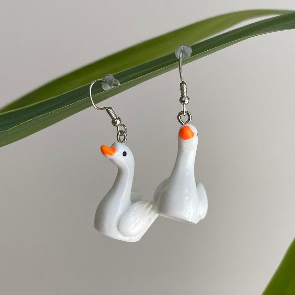 White Goose Dangle Earrings With Silver Accents - Image 4