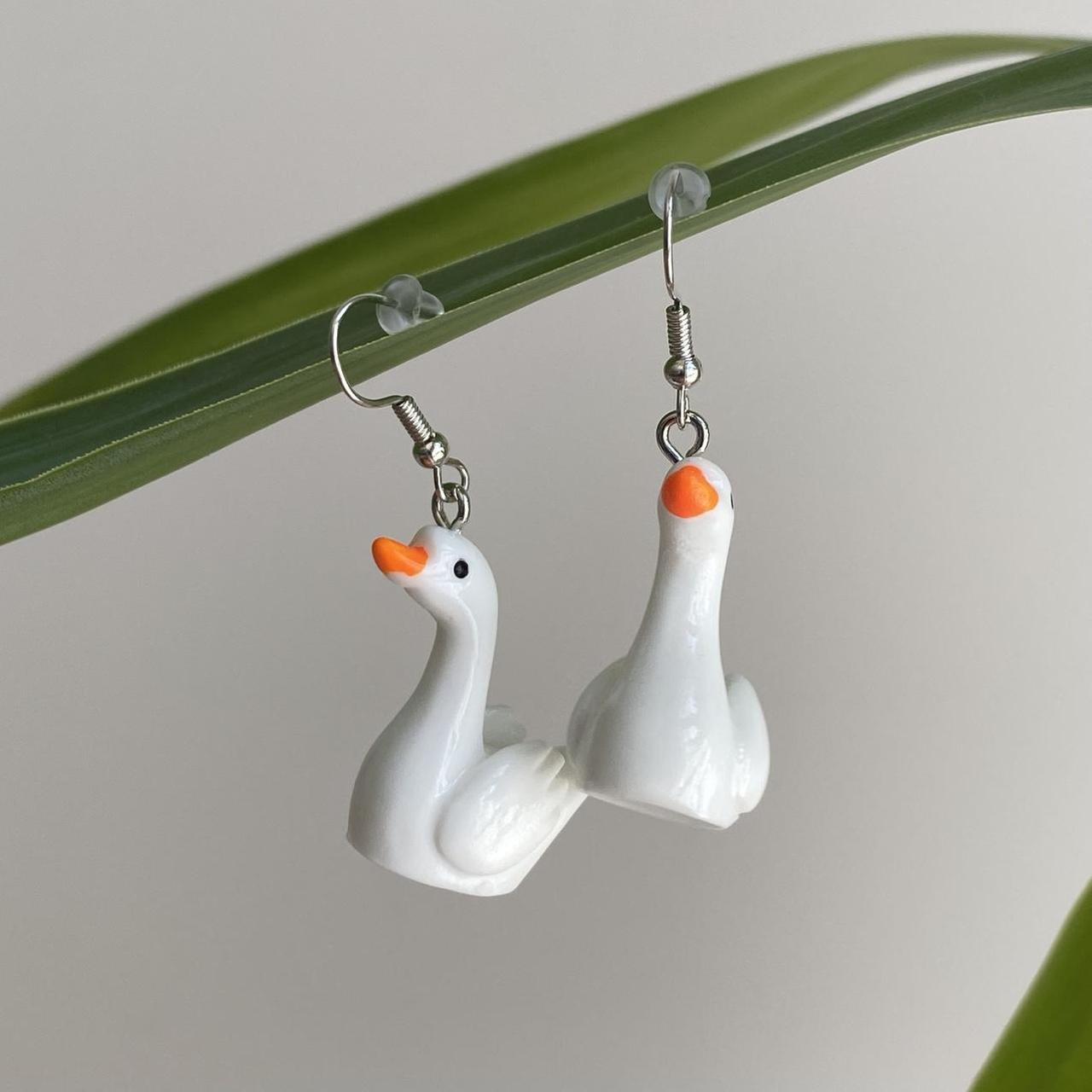 White Goose Dangle Earrings With Silver Accents - Image 4