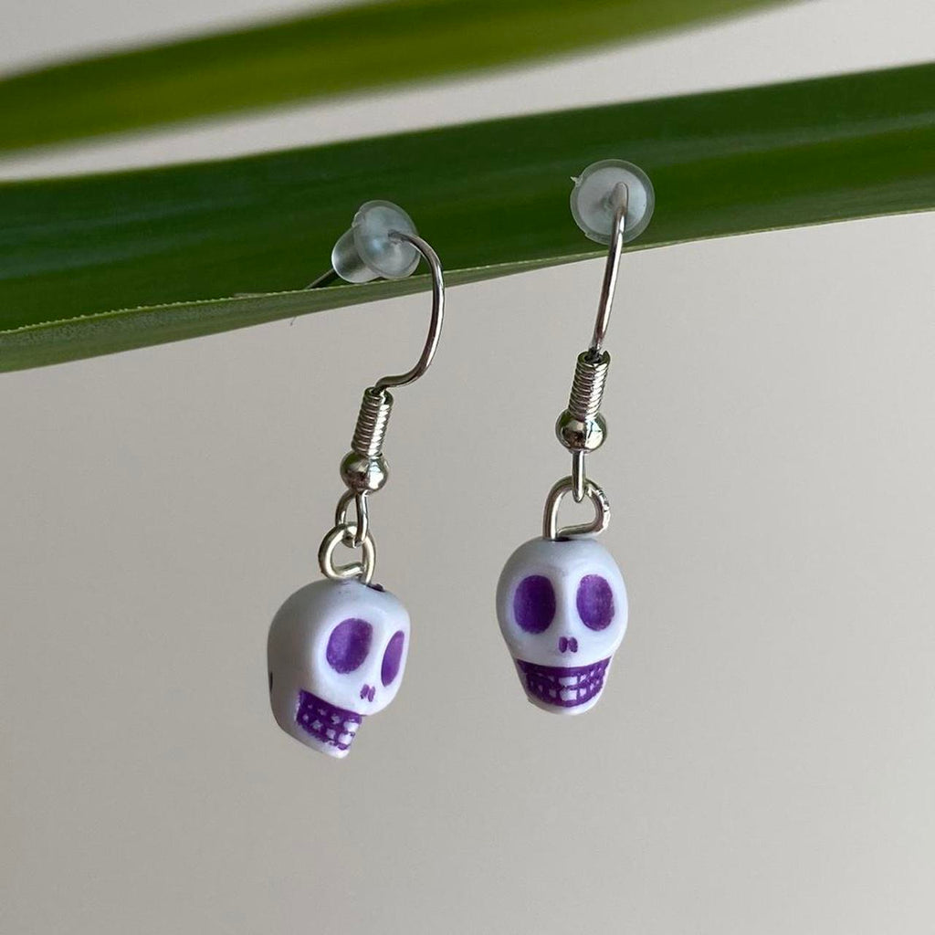 Cinco De Mayo White And Purple Skull Dangle Earrings