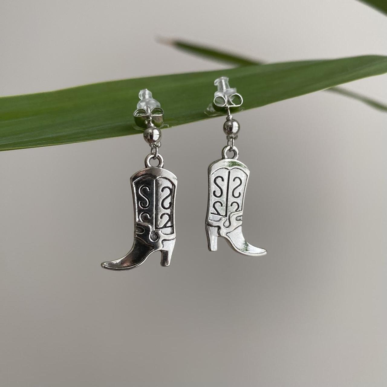 Silver Western Cowgirl Boots Dangle Stud Earrings - Image 3