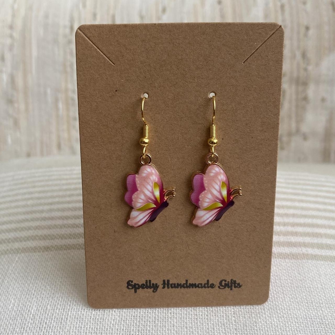 Light Pink Butterfly Enamel Dangle Earrings With - Image 3