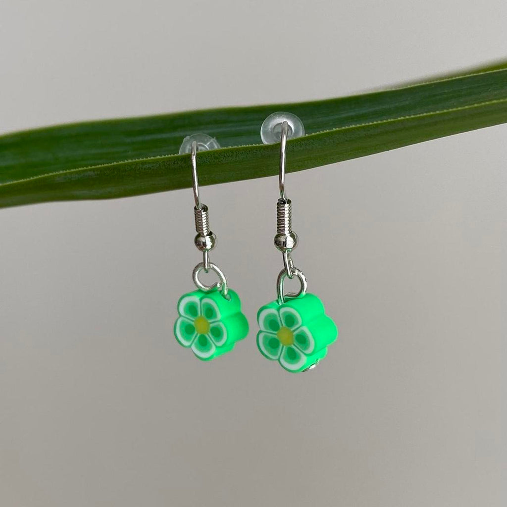 Green Tropical Flower Polymer Clay Dangle Earrings - Image 2