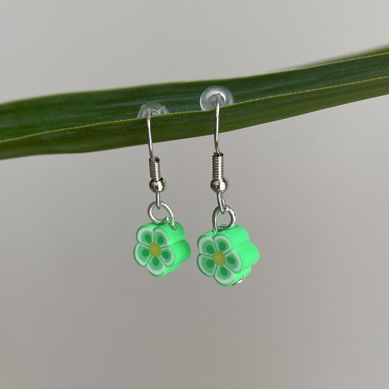 Green Tropical Flower Polymer Clay Dangle Earrings - Image 2