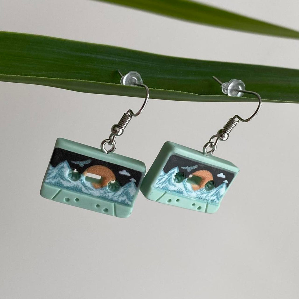 Green Vintage Music Cassette Tape Dangle Earrings - Image 3