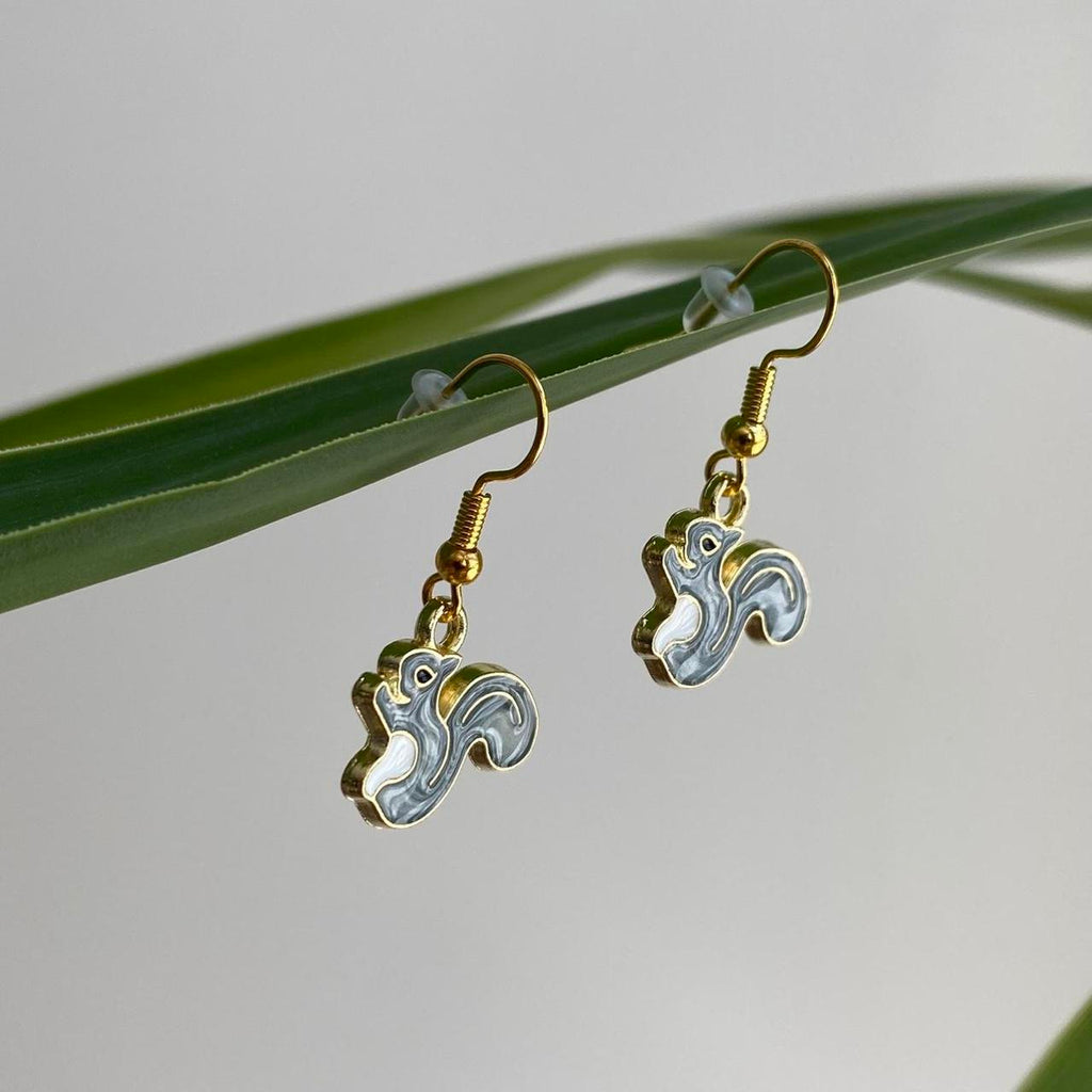 Grey Squirrel Enamel Dangle Earrings With Gold - Image 5