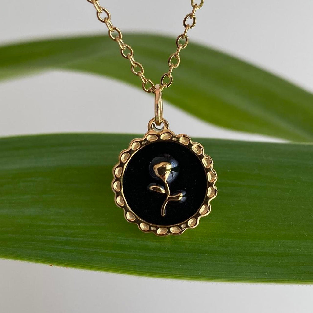 18 Karat Gold Plated Black Enamel Vintage Style Rose - Image 5