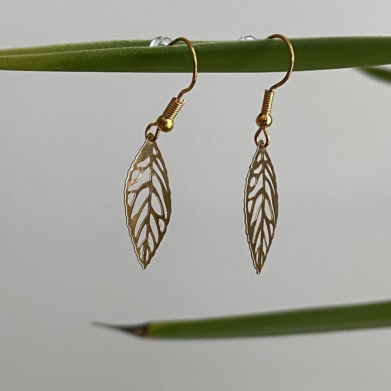 Small Gold Leaf Dangle Earrings 3 Sizes - Image 2