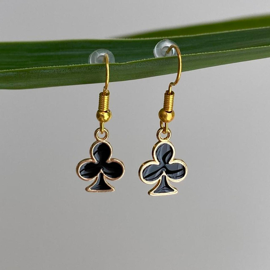 Black Clubs Symbol Dangle Earrings With Gold