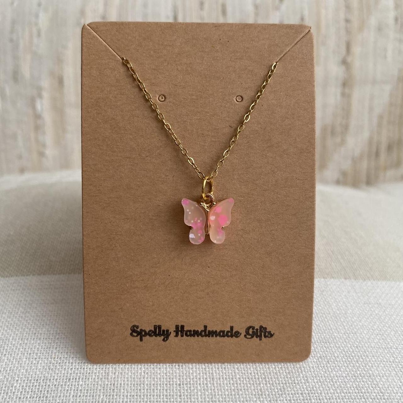 Pink And White Speckled Butterfly Pendant Chain - Image 4