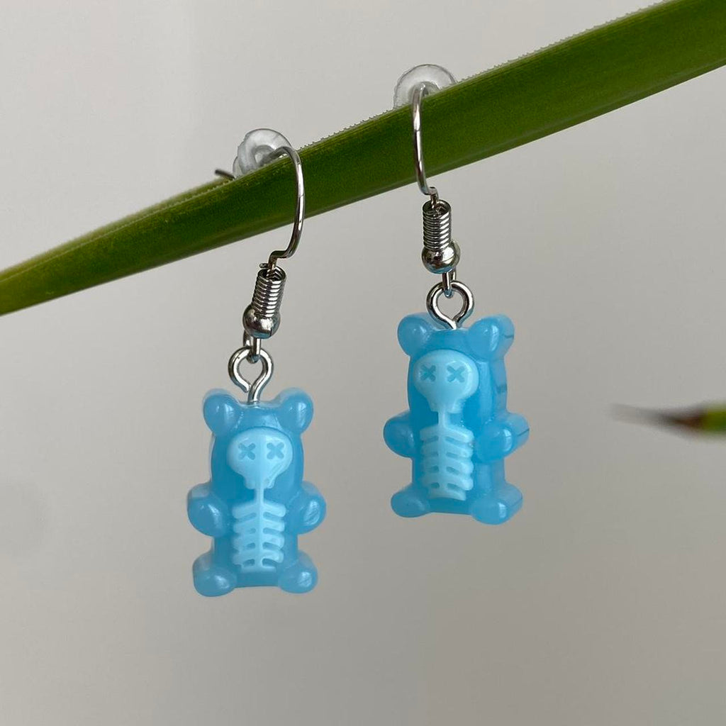 Blue Skeletal Gummy Bear Dangle Earrings Hand Made