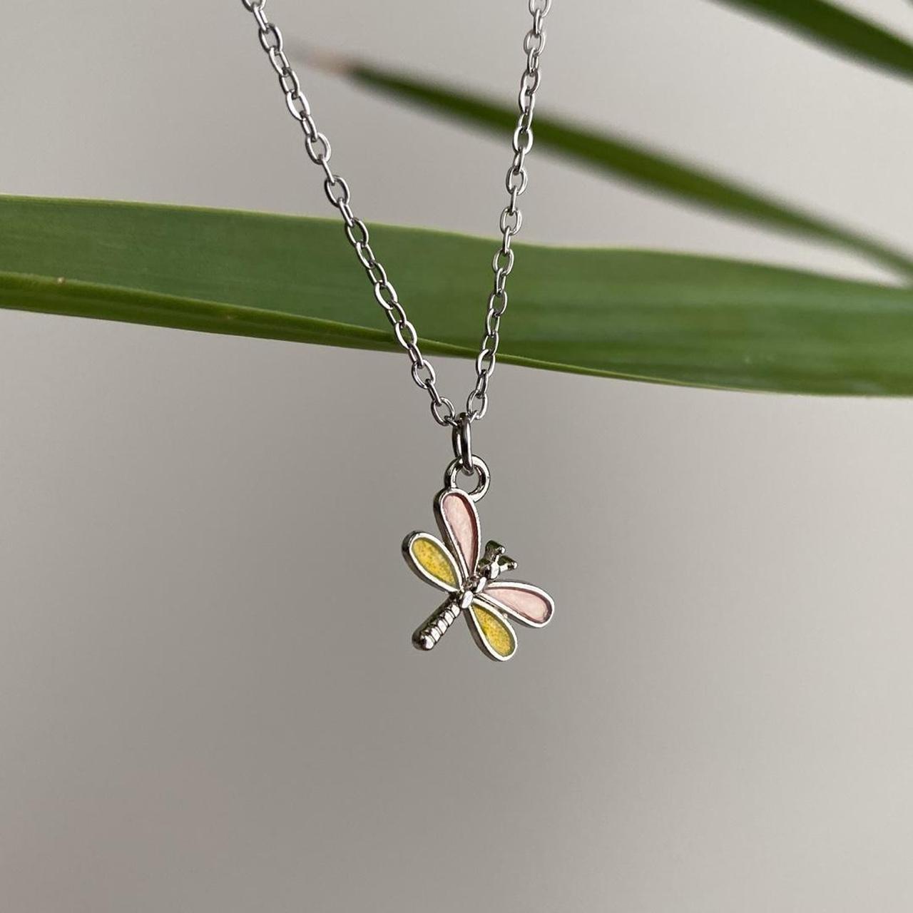 Pink And Yellow Enamel Dragonfly Pendant Chain - Image 2