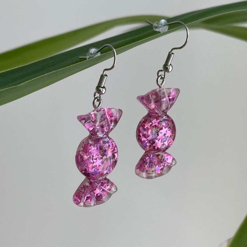 Sparkly Resin Pink Candy Dangle Earrings With Silver - Image 4