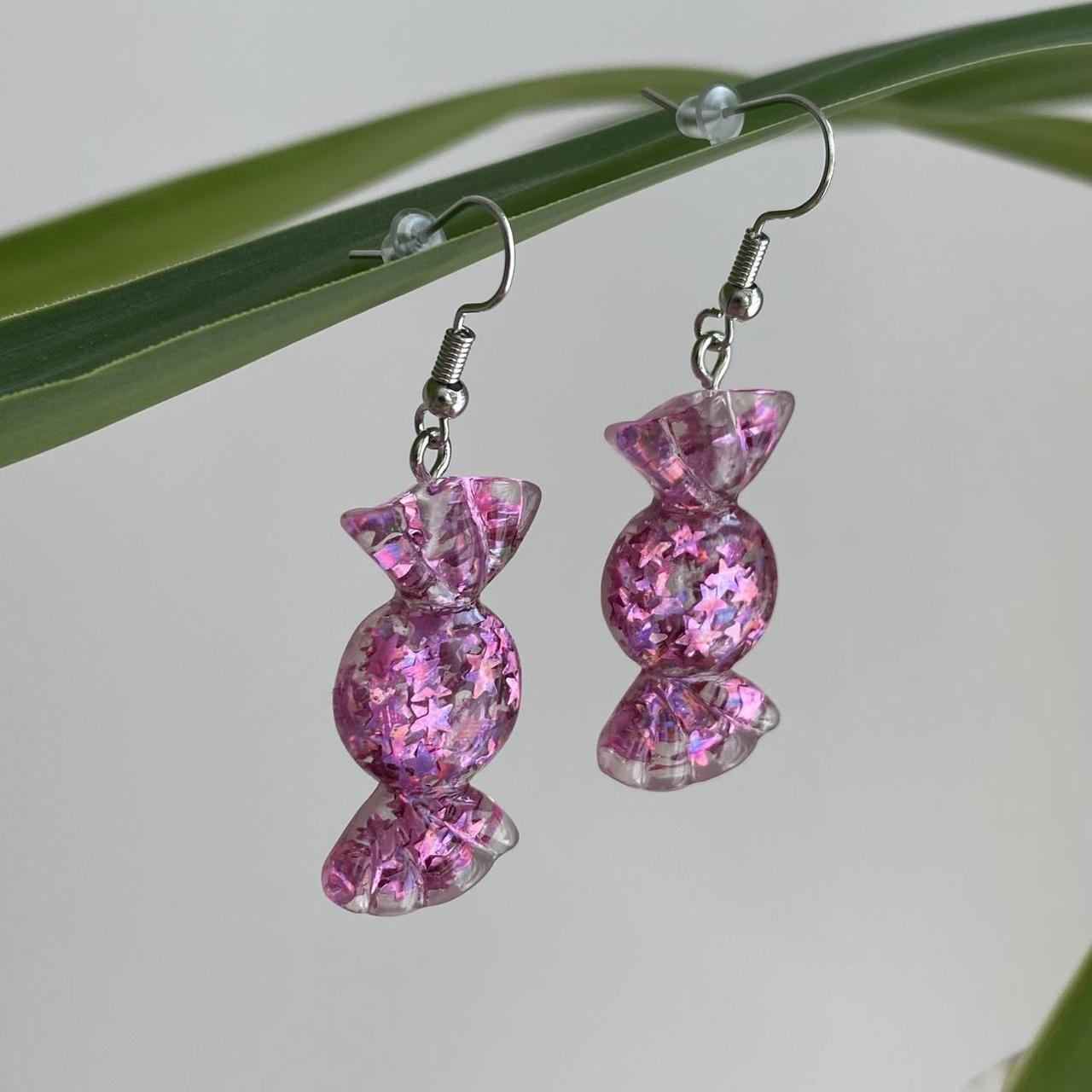Sparkly Resin Pink Candy Dangle Earrings With Silver - Image 4