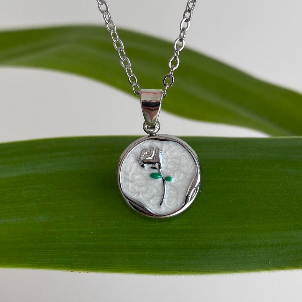 White Enamel Rose In Circle Pendant Chain Necklace - Image 5