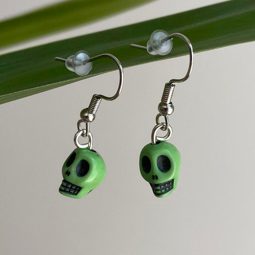 Cinco De Mayo Green And Black Skull Dangle Earrings