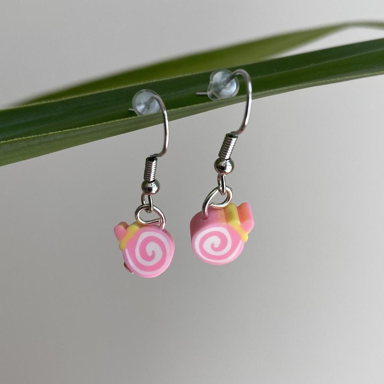 Pink Swirl Candy Disc Polymer Clay Dangle Earrings - Image 4
