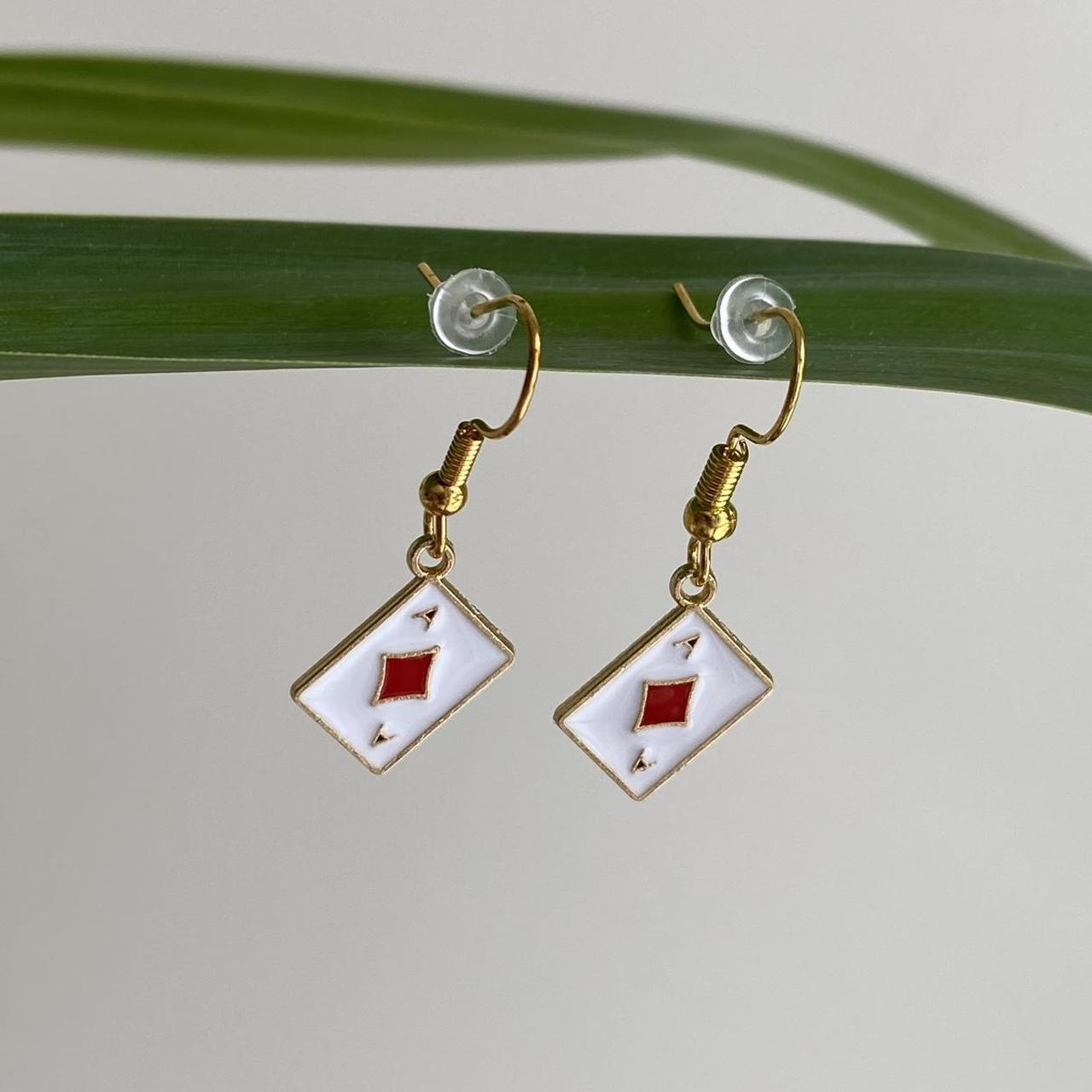 Ace Of Diamonds Poker Card Dangle Earrings With Gold - Image 2