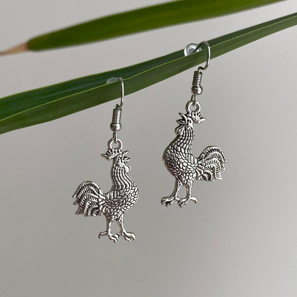 Silver Rooster Dangle Earrings Hand Made Pendant - Image 3