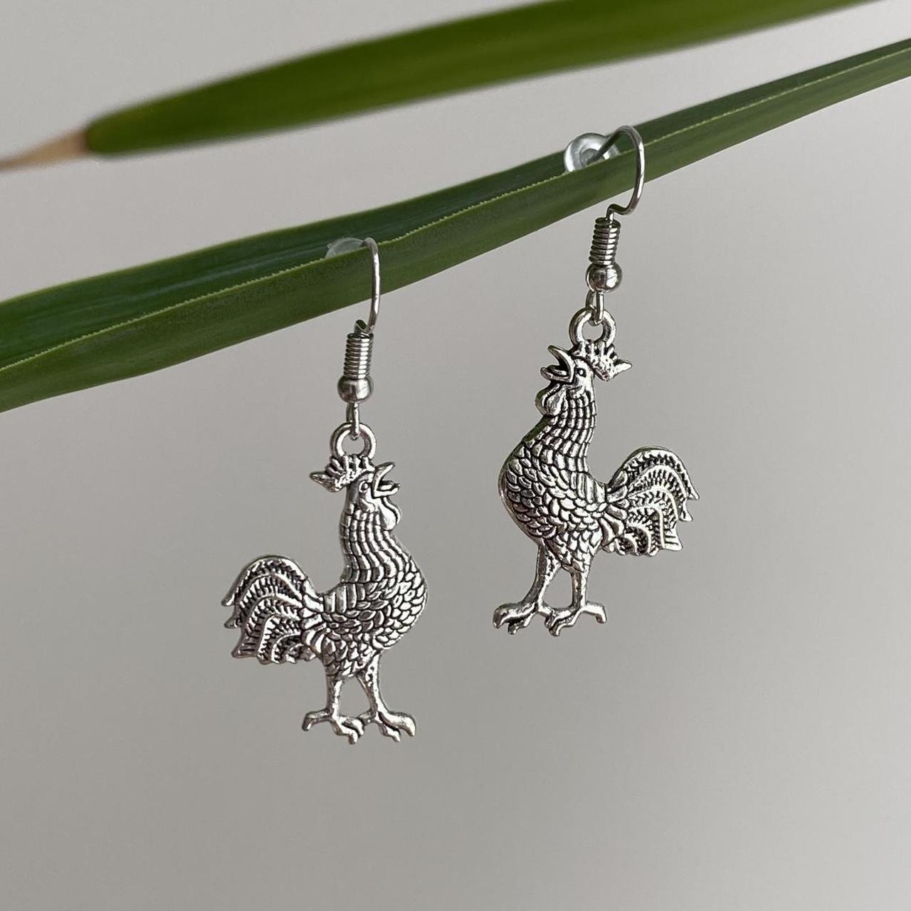 Silver Rooster Dangle Earrings Hand Made Pendant - Image 3