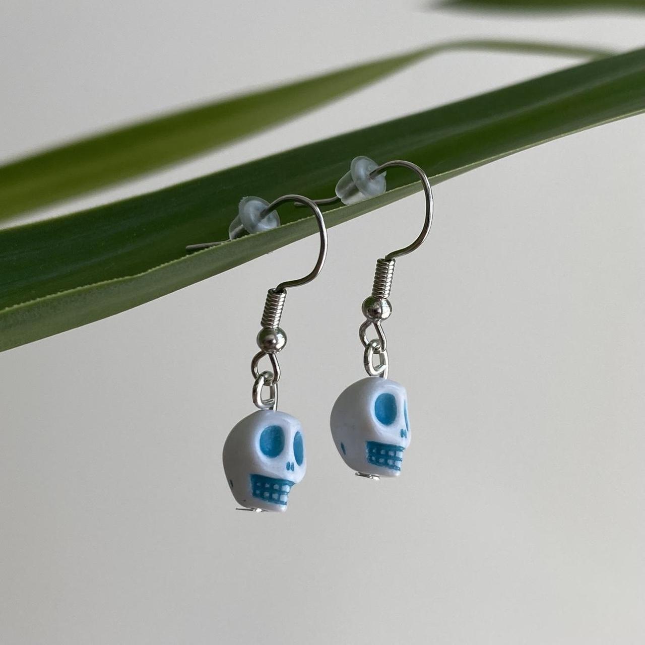 Cinco De Mayo White And Blue Skull Dangle Earrings - Image 4
