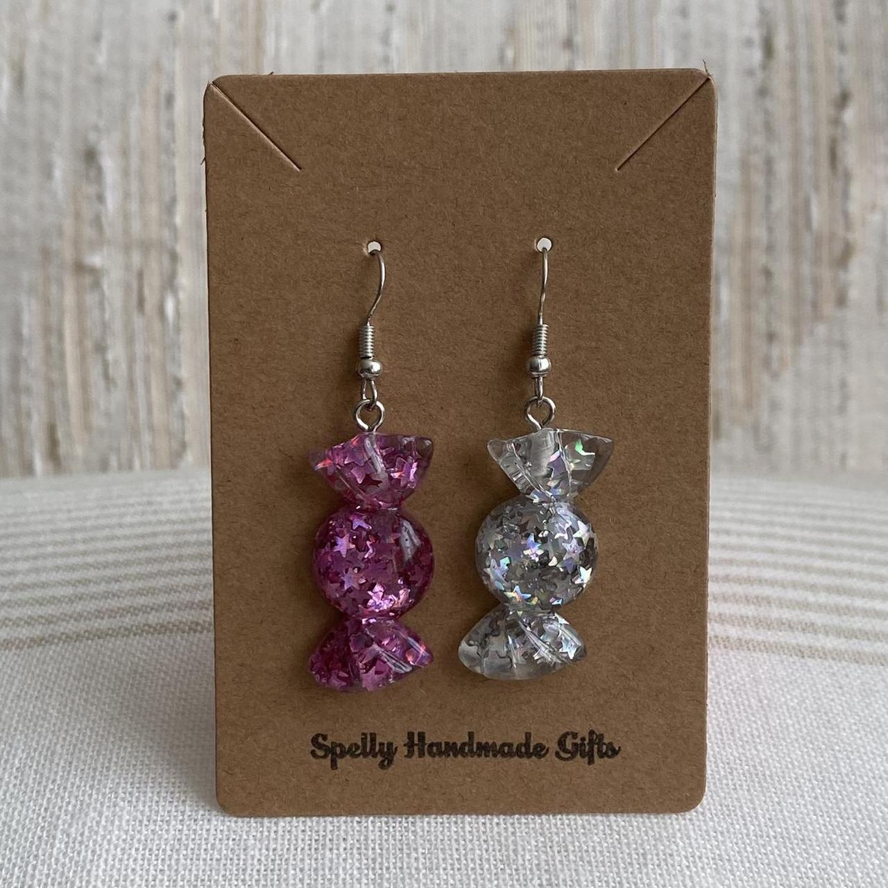 Sparkly Resin Pink And Silver Candy Dangle Earrings - Image 3