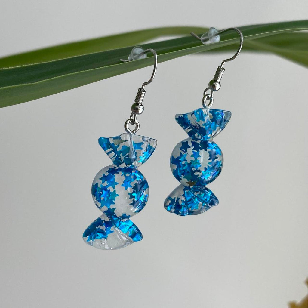Sparkly Resin Blue Candy Dangle Earrings With Silver - Image 5
