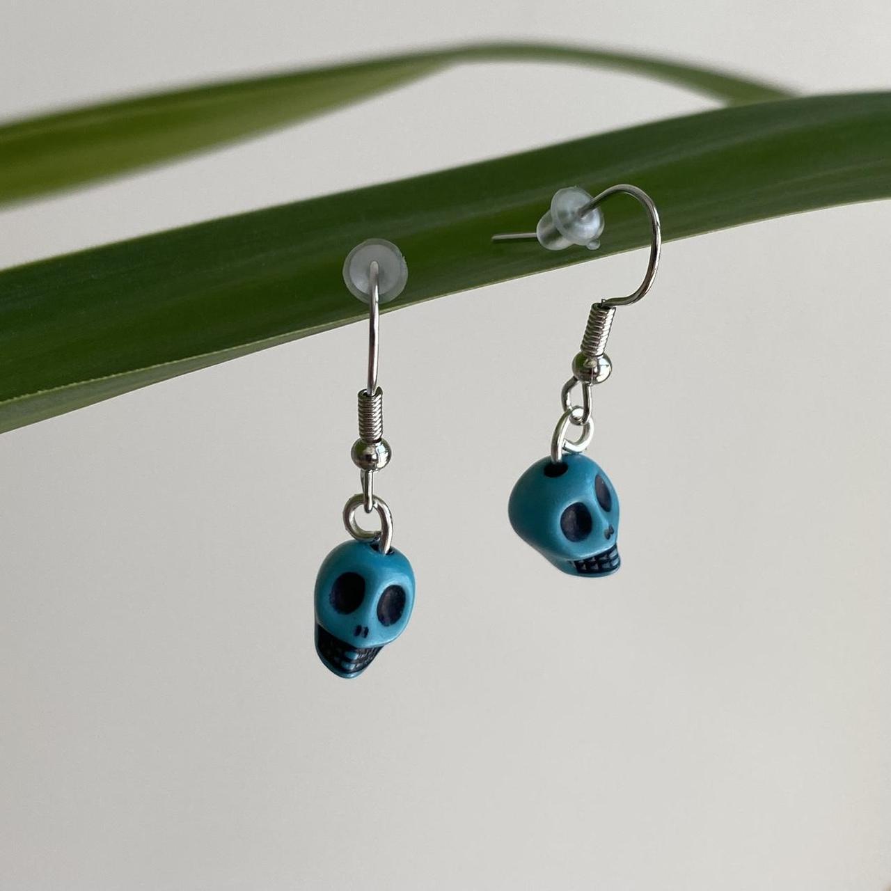 Cinco De Mayo Blue And Black Skull Dangle Earrings - Image 2