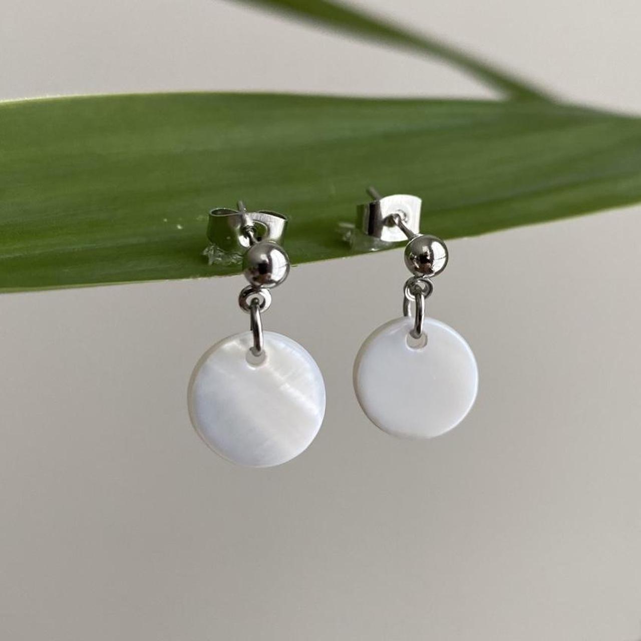 White Circle Shell Silver Dangle Stud Earrings