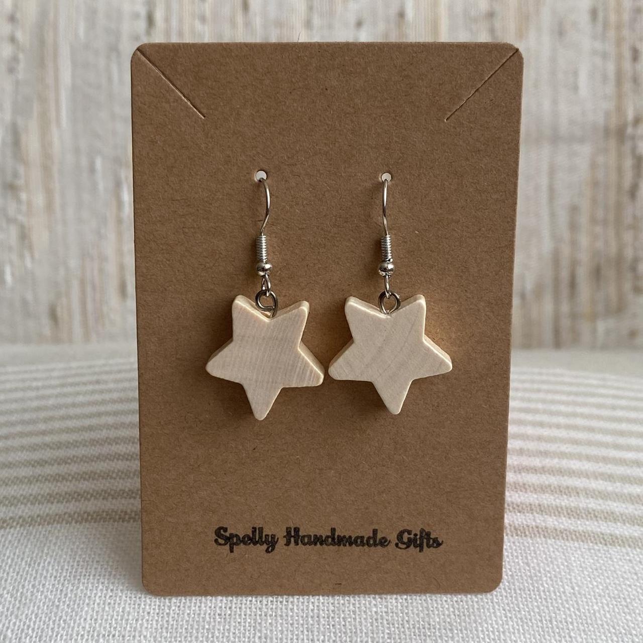 Wooden Star Dangle Earrings With Silver Accents - Image 3