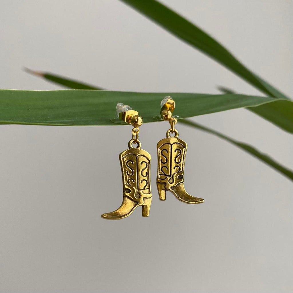 Gold Western Cowgirl Boots Dangle Stud Earrings - Image 2