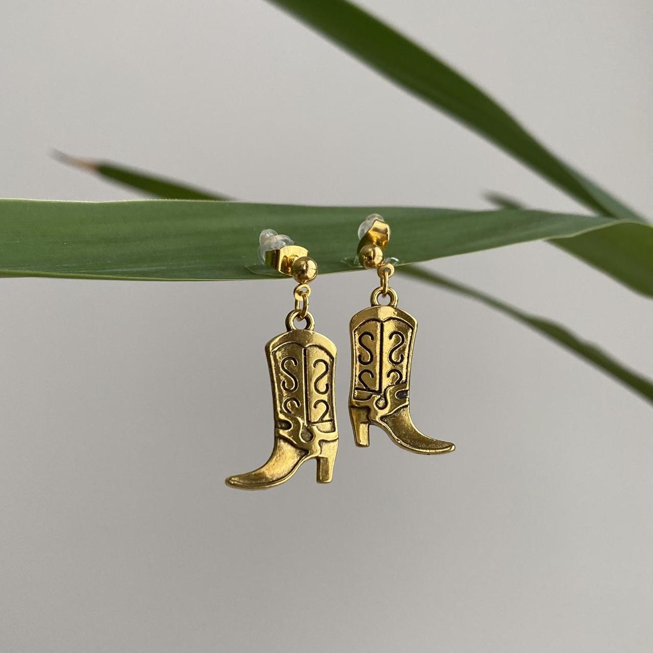 Gold Western Cowgirl Boots Dangle Stud Earrings - Image 2