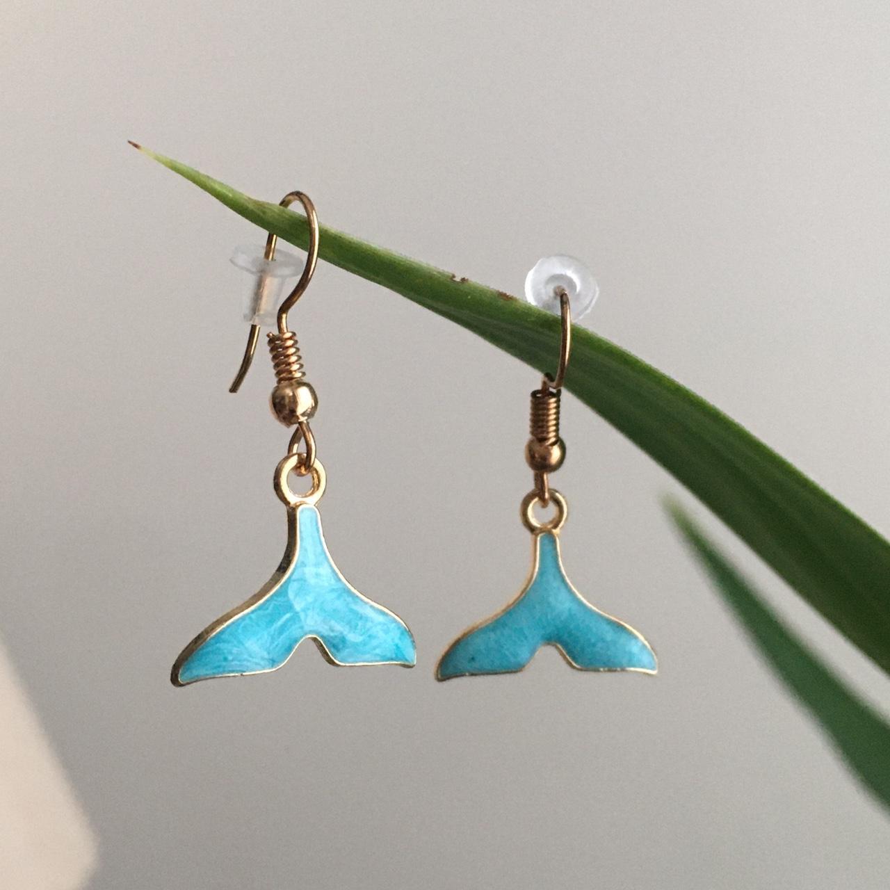 Blue Turquoise Whale Tail Drop Dangle Earrings With