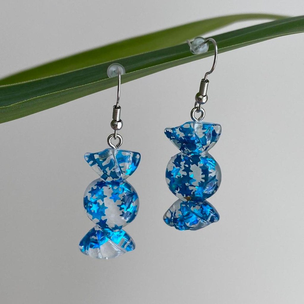 Sparkly Resin Blue Candy Dangle Earrings With Silver - Image 4