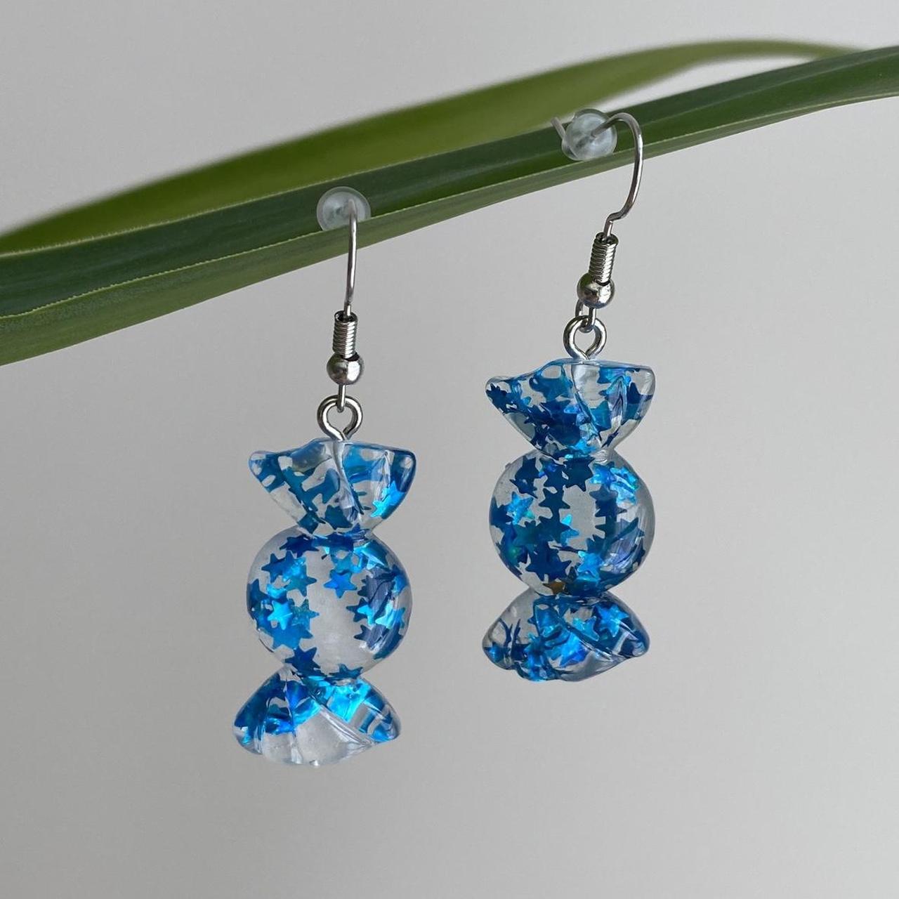 Sparkly Resin Blue Candy Dangle Earrings With Silver - Image 4