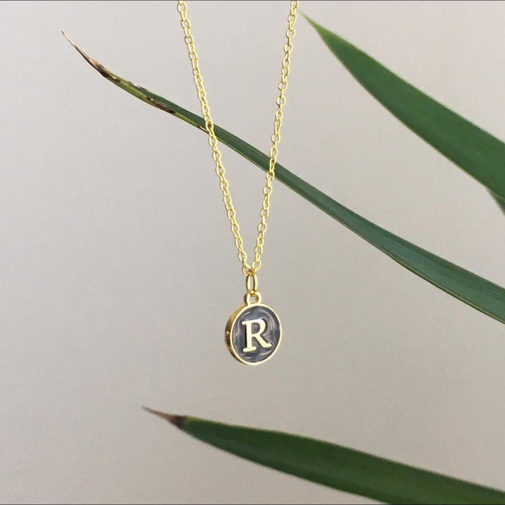 Letter R Initial Black Enamel Pendant Chain
