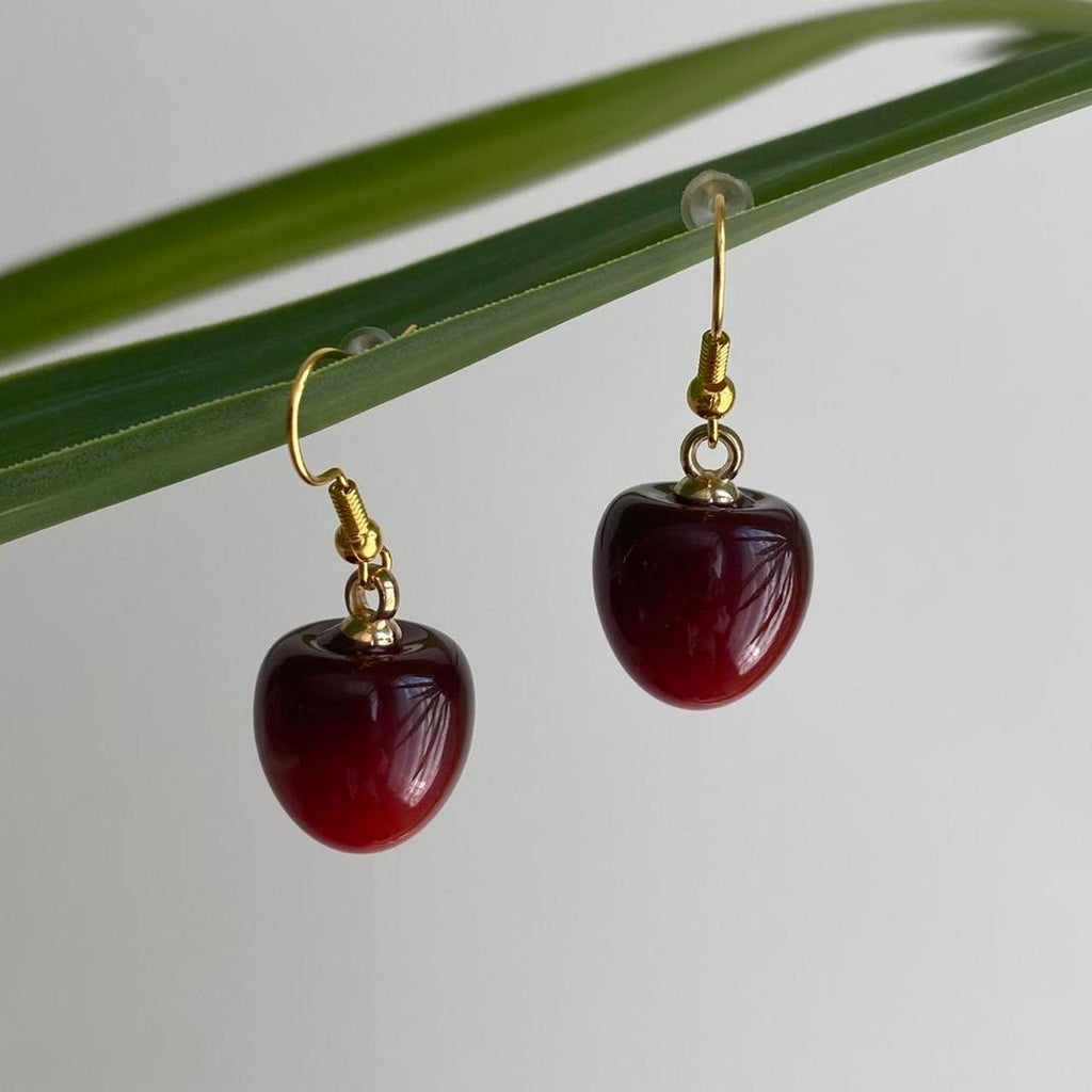 Red Cherry Dangle Earrings With Gold Accents Hand