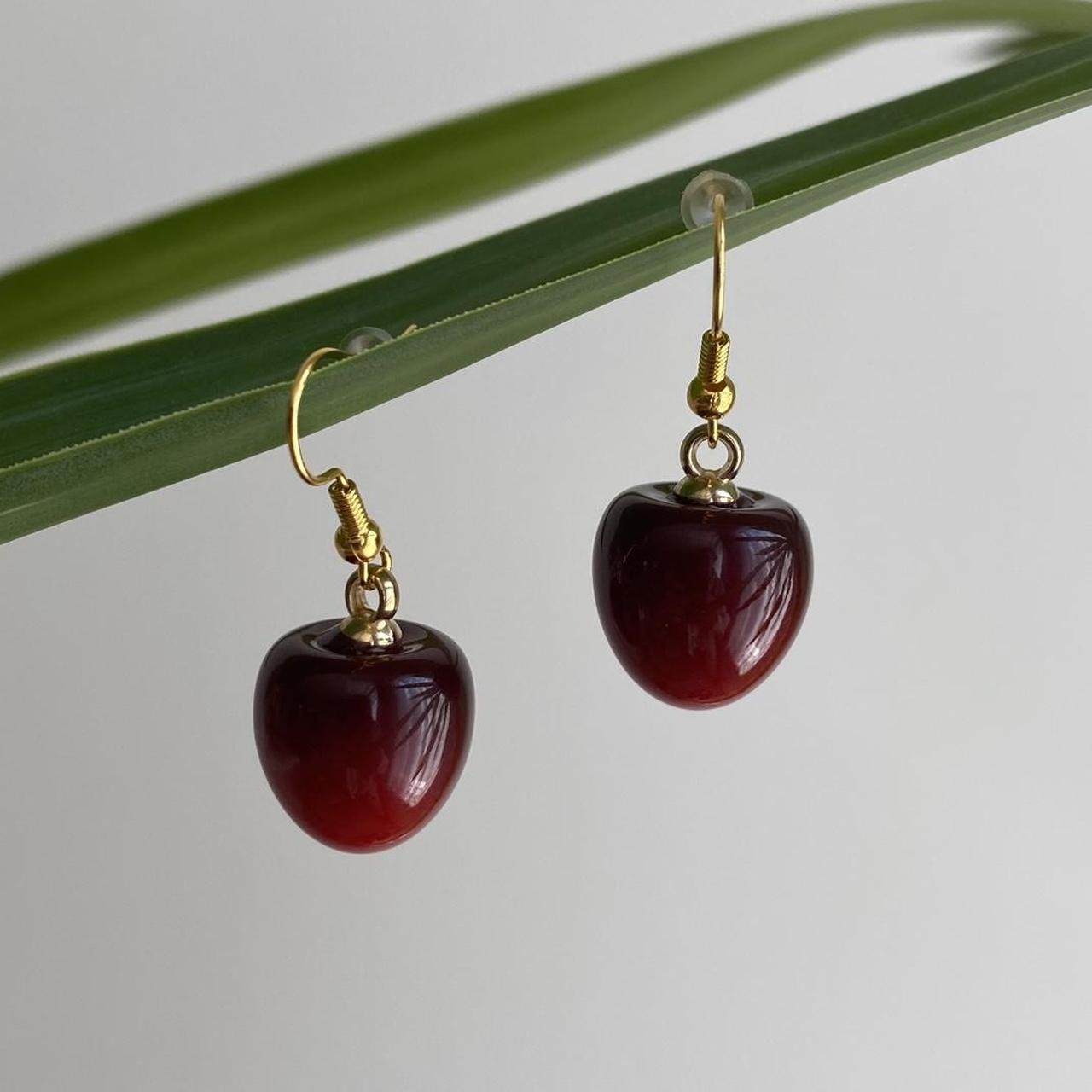Red Cherry Dangle Earrings With Gold Accents Hand