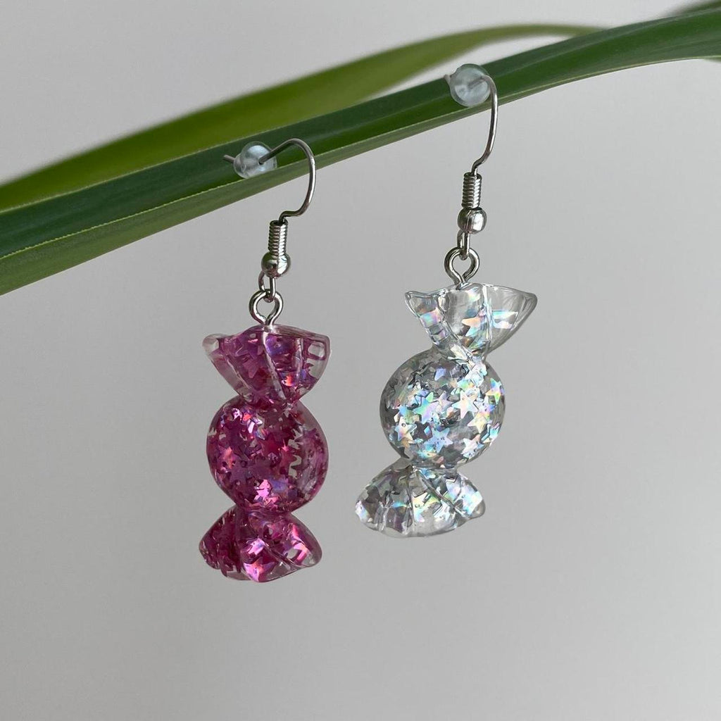 Sparkly Resin Pink And Silver Candy Dangle Earrings - Image 4