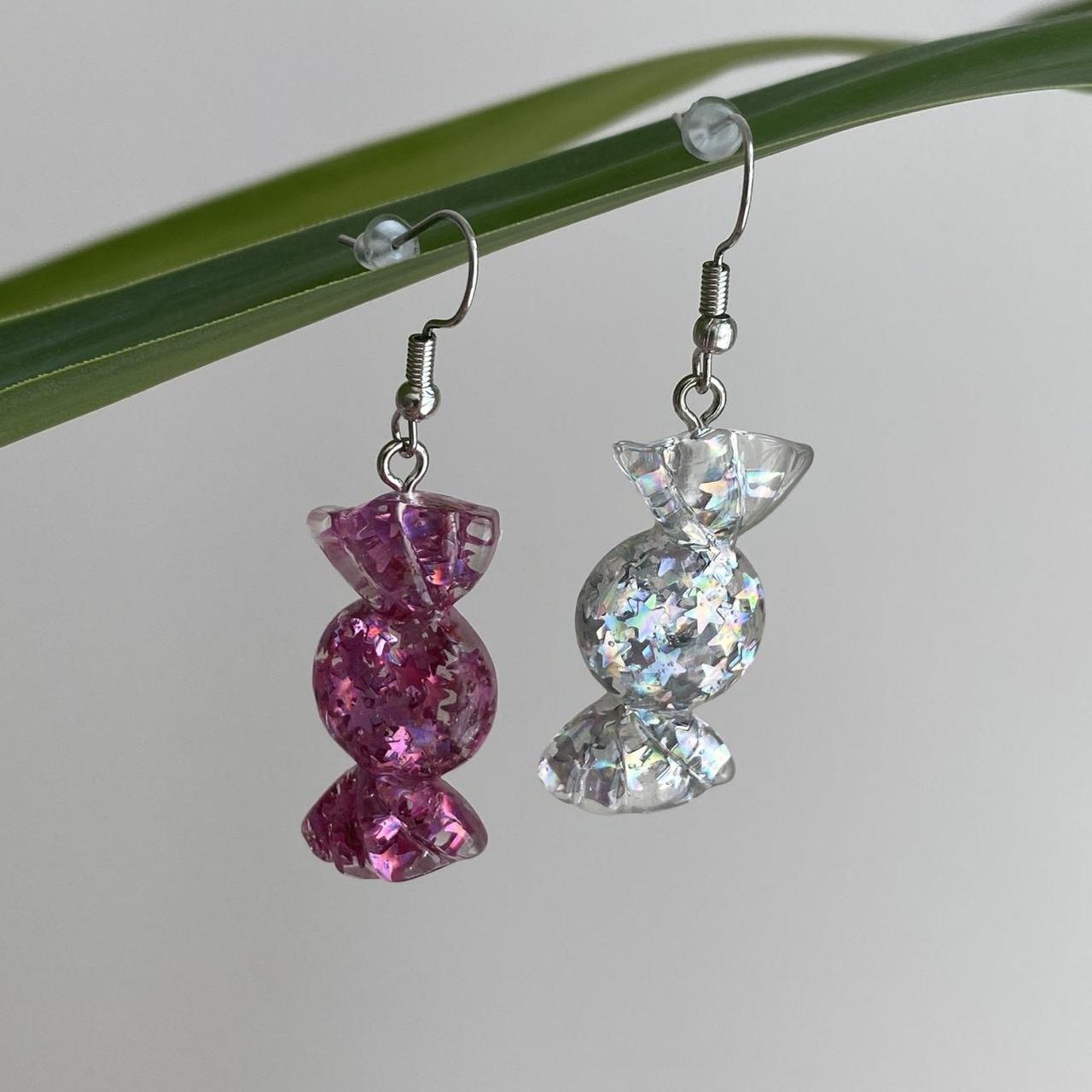 Sparkly Resin Pink And Silver Candy Dangle Earrings - Image 4