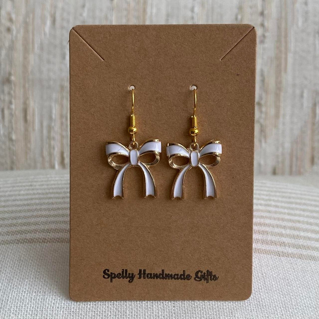 White Ribbon Bow Dangle Earrings With Gold - Image 2