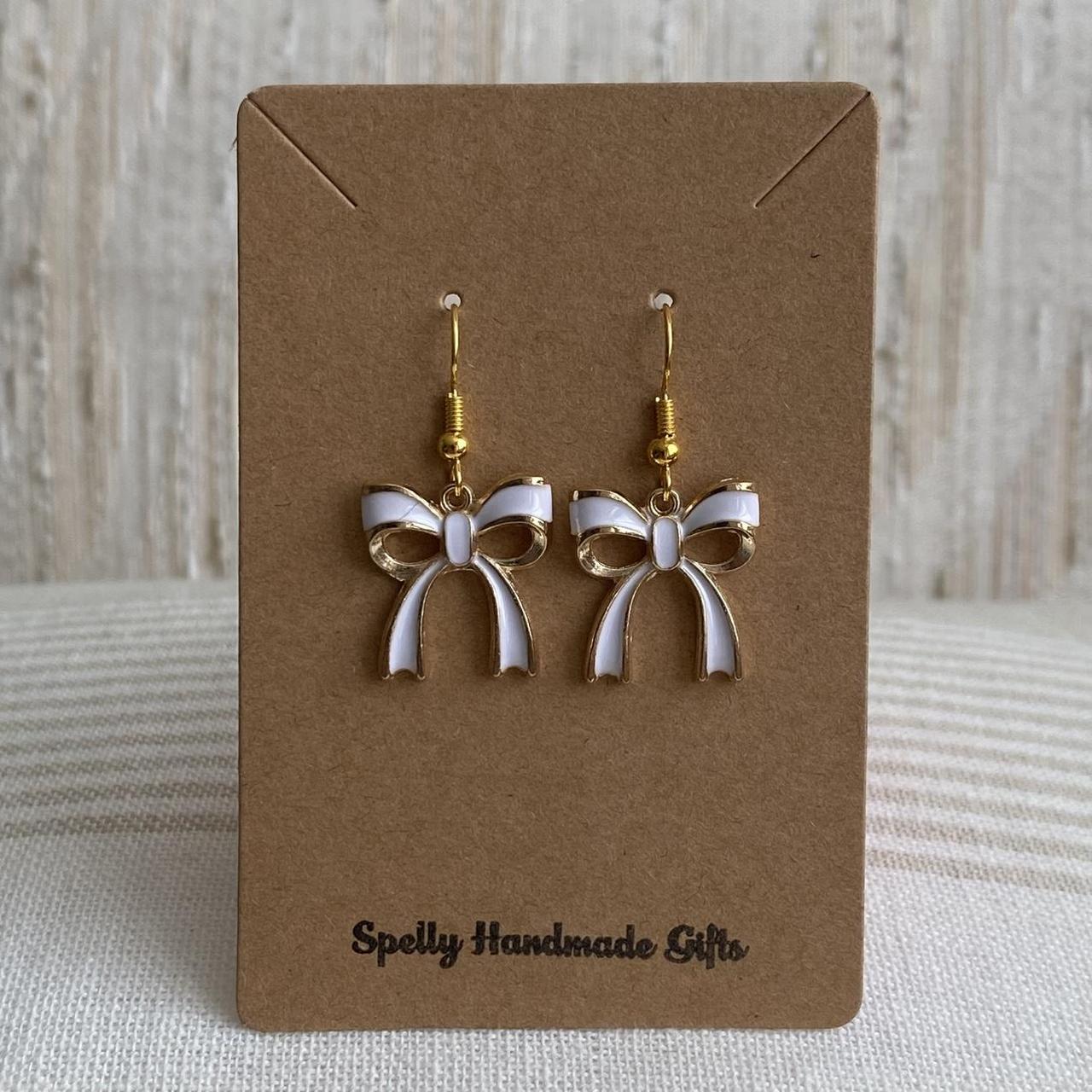 White Ribbon Bow Dangle Earrings With Gold - Image 2