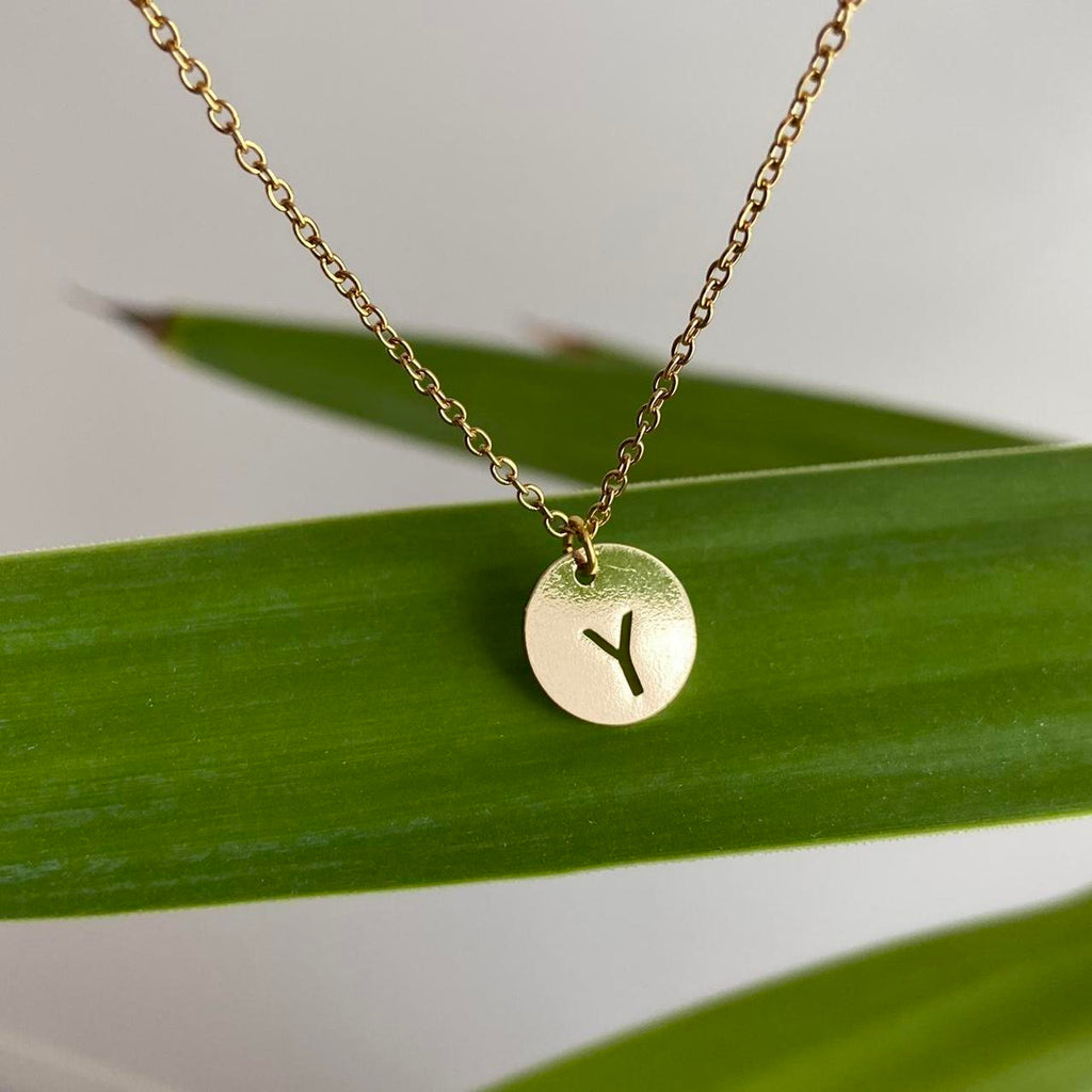 Circle Stamped Gold Letter Y Initial Pendant Chain