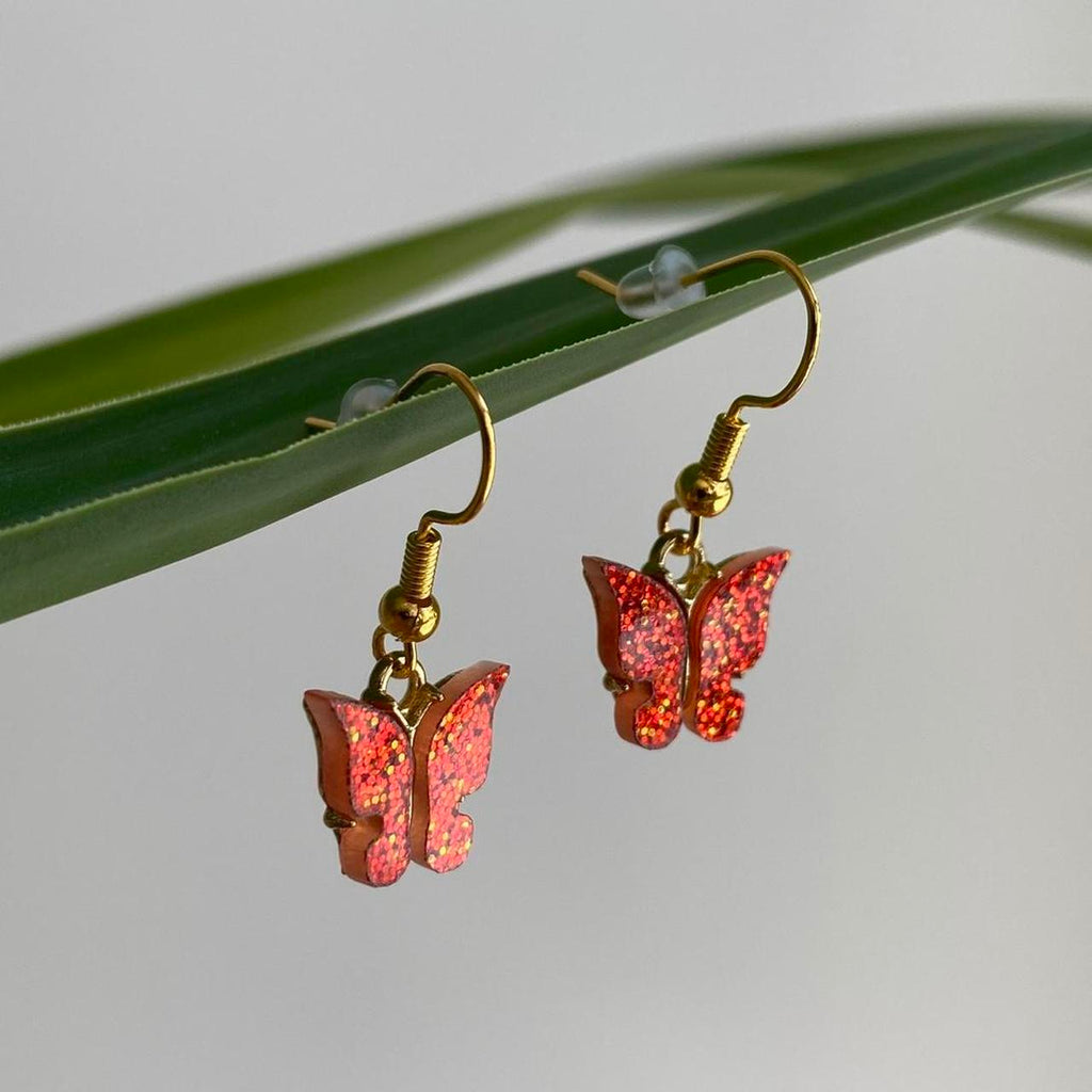 Orange Sparkle Butterfly Dangle Earrings With Gold - Image 5