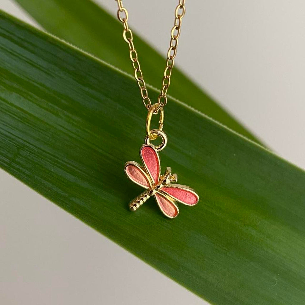 Pink And Orange Enamel Dragonfly Pendant Chain