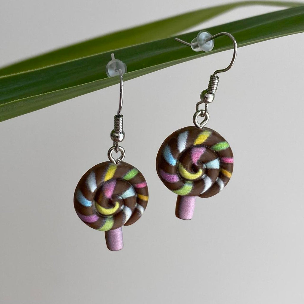 Chocolate Brown Swirly Lollipop Dangle Earrings With