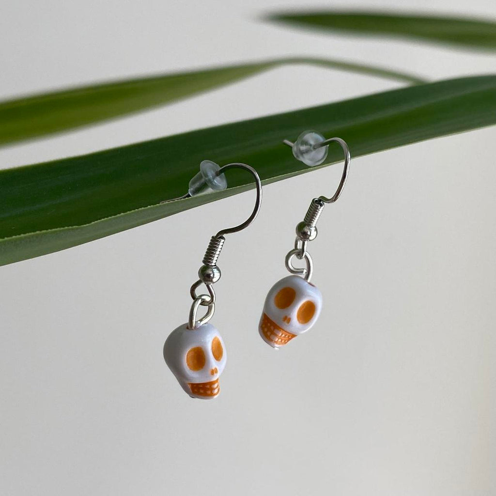 Cinco De Mayo White And Orange Skull Dangle Earrings - Image 2